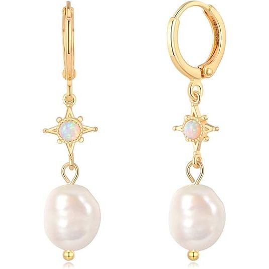 511eF8s01DL._AC_SY535_ 18K Gold-Plated Star-Stone & White Pearl Huggie Hoop Earrings