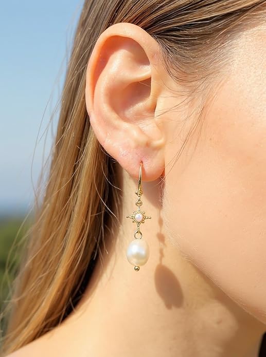 61jBfDDPDSL._AC_SY695_ 18K Gold-Plated Star-Stone & White Pearl Huggie Hoop Earrings - Image 2