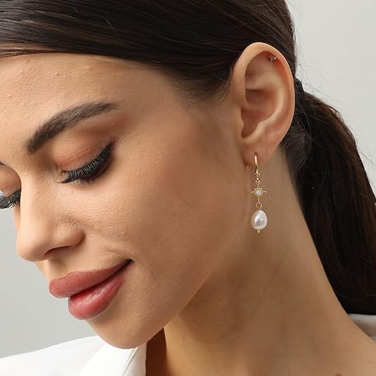71CKmNo8YJL._AC_SY535_ 18K Gold-Plated Star-Stone & White Pearl Huggie Hoop Earrings - Image 3