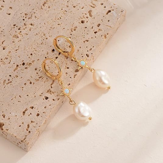71Z4YSNFdKL._AC_SY535_ 18K Gold-Plated Star-Stone & White Pearl Huggie Hoop Earrings - Image 4